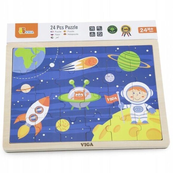 VIGA 24 Pcs Flat Wooden Puzzle w/Tray -Space Travel New Sealed For Age 2+ - Picture 5 of 15